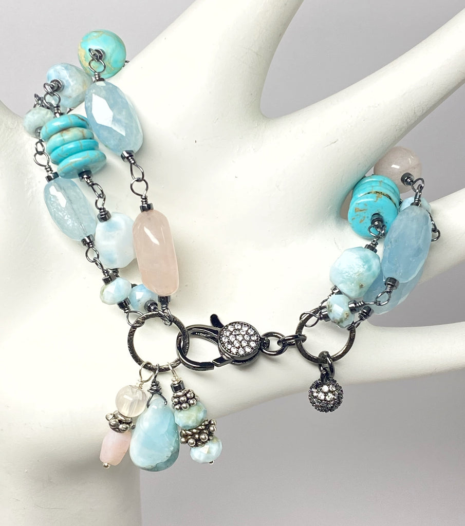 Oxidized Silver Wire Wrap Multistrand Bracelet Larimar Aquamarine - Doolittle