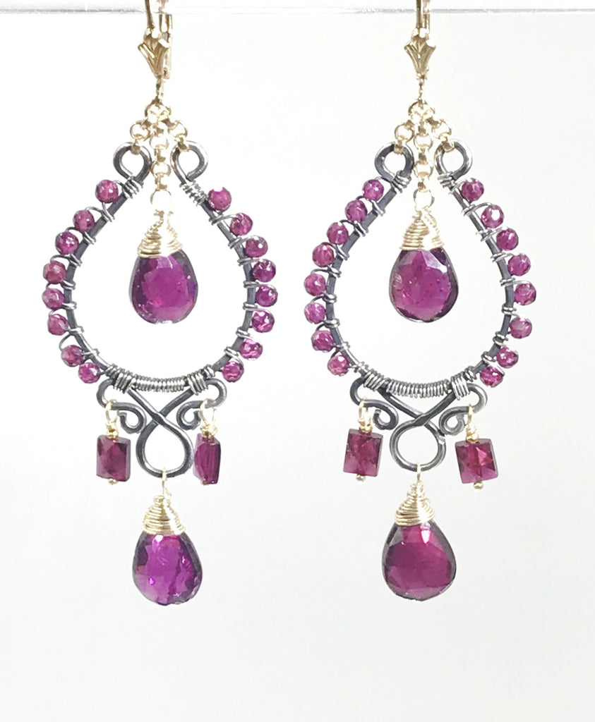 Rhodolite Garnet Chandelier Earrings Mixed Metal Boho Style Oxidized Silver Gold Fill