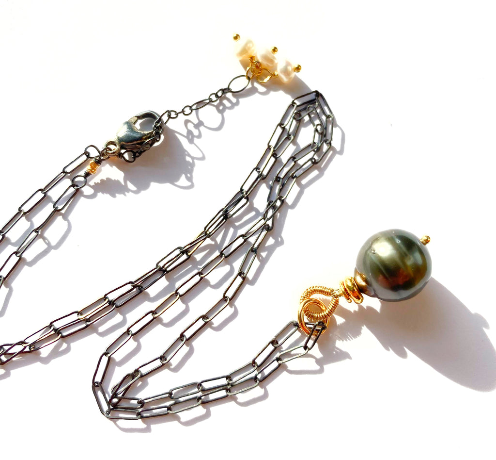Tahitian Pearl Pendant, Paper Clip Chain, Mixed Metals, Pearl Dangles