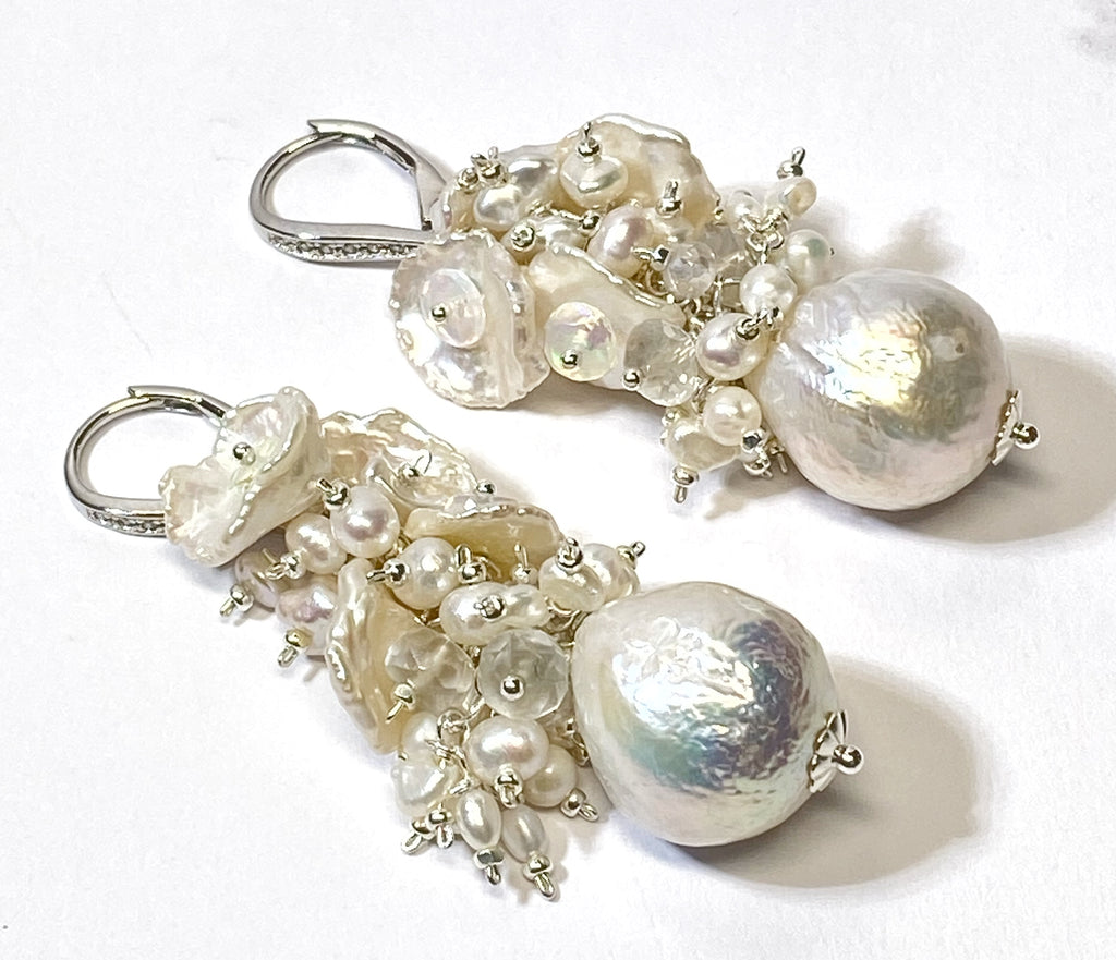 Baroque Pearl Cluster Bridal Earrings White Keishi and Opal Cascade