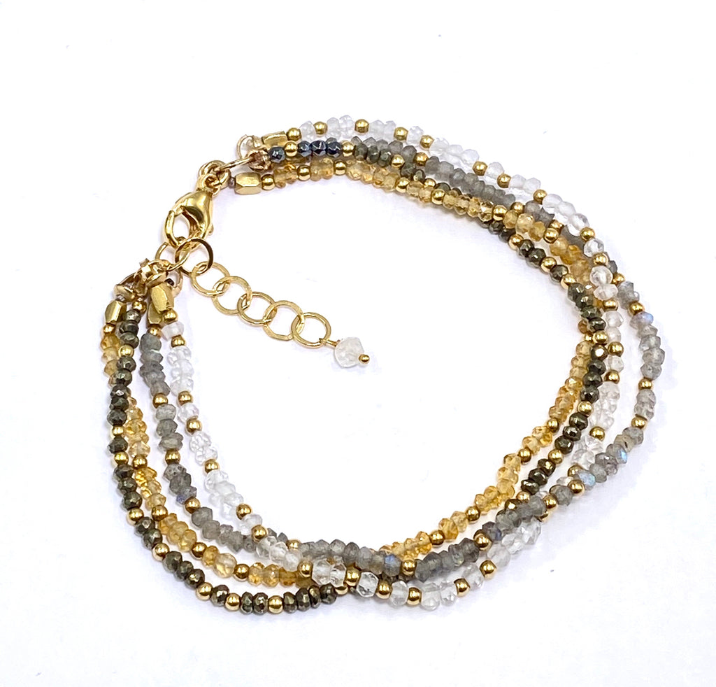 Multi-strand Gemstone Dainty Beaded Bracelet Citrine Labradorite Moonstone Pyrite