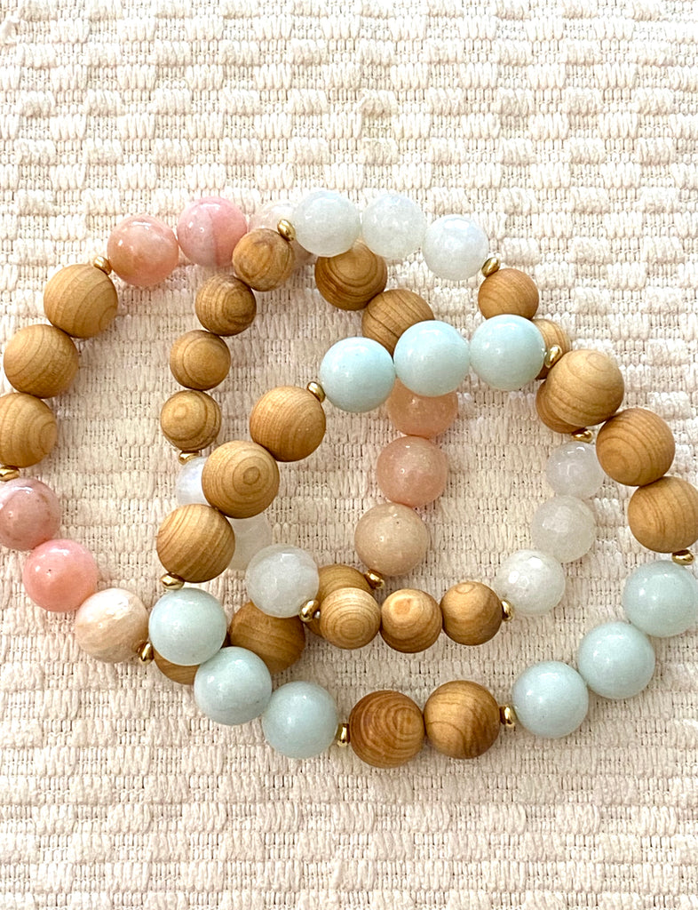 Pastel Gemstone Sandalwood Stretch Stacking Bracelet Set