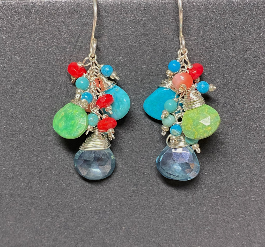 Blue and Green Turquoise, Coral Dangle Earrings Sterling Silver