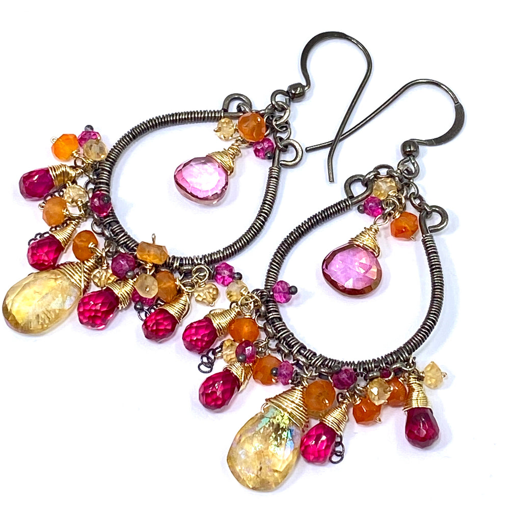 Multi-color Gemstone Hoop Earrings Mystic Citrine Hot Pink Quartz Oxidized Silver - doolittlejewelry