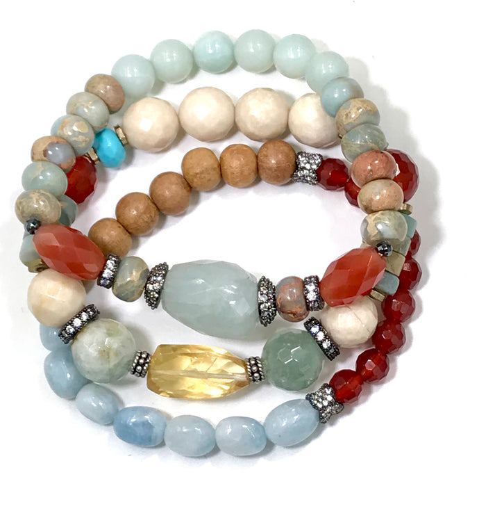 Gemstone Stack Bracelet Stretch Set of 3 Aquamarine Carnelian - doolittlejewelry