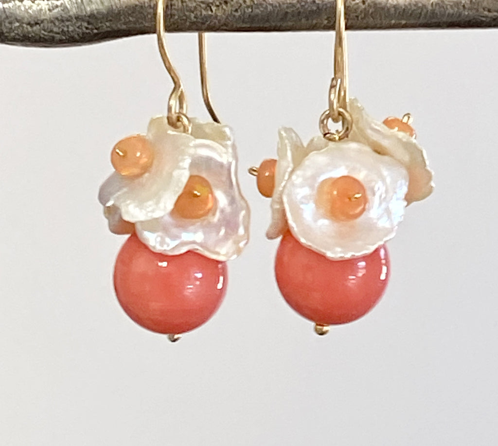 Coral Drop Earrings with Keishi Pearl Opal Clusters