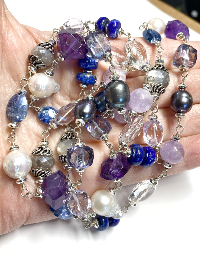 Long Blue Violet Necklace Amethyst Kyanite Pearl Crystal Quartz Sterling Silver