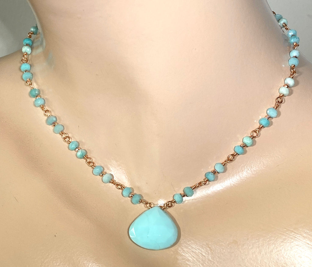 Blue Peruvian Opal, Amazonite, Rose Gold Wire Wrapped Pendant Necklace - doolittlejewelry