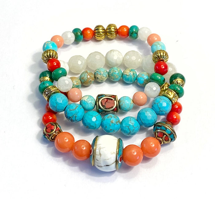 Colorful Beaded Stretch Bracelets Stack Set of 3 Tibetan Beads