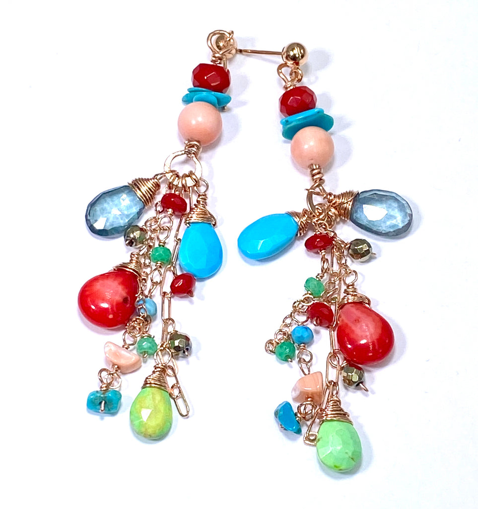 Turquoise Red Coral Rose Gold Long Boho Dangle Earrings - doolittlejewelry