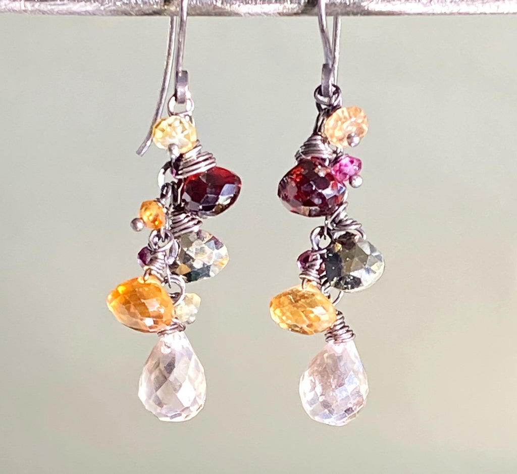 Garnet Oxidized Silver Multicolor Gem Dangle Earrings