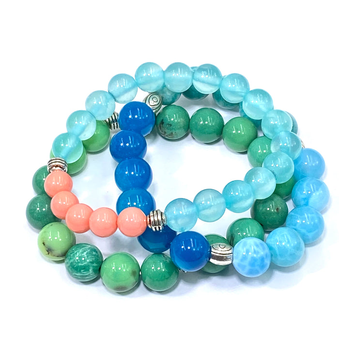 Boho Bracelet Stack Set of 3 Gemstone Coral, Aqua, Green, Blue, Silver - doolittlejewelry