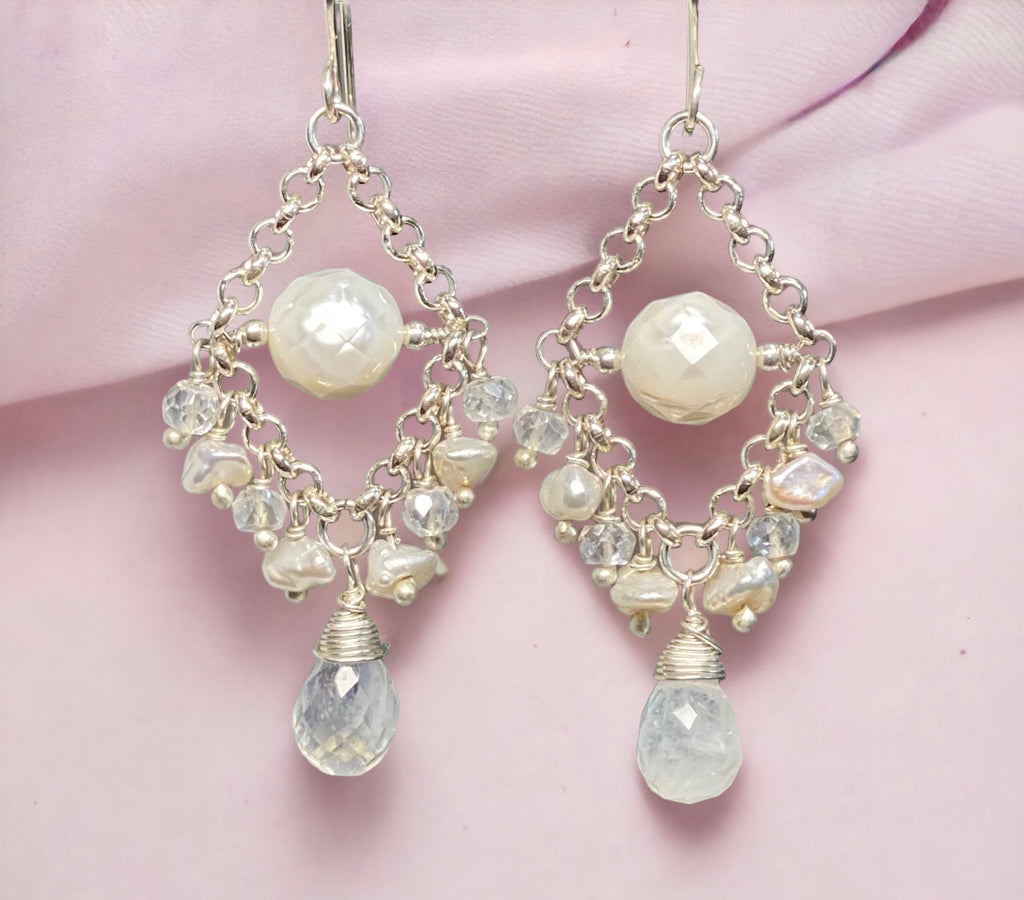 Rainbow Moonstone Chandelier Earrings Sterling Silver