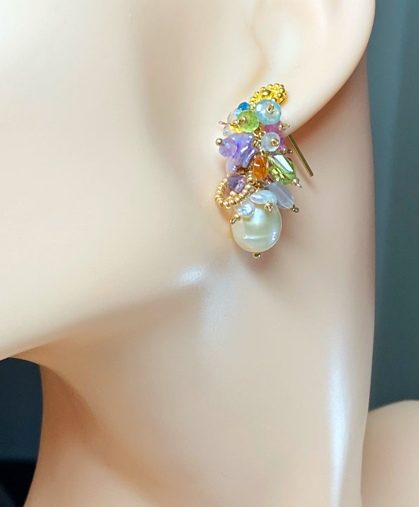 Pearl and Multi Gemstone Cluster Earrings