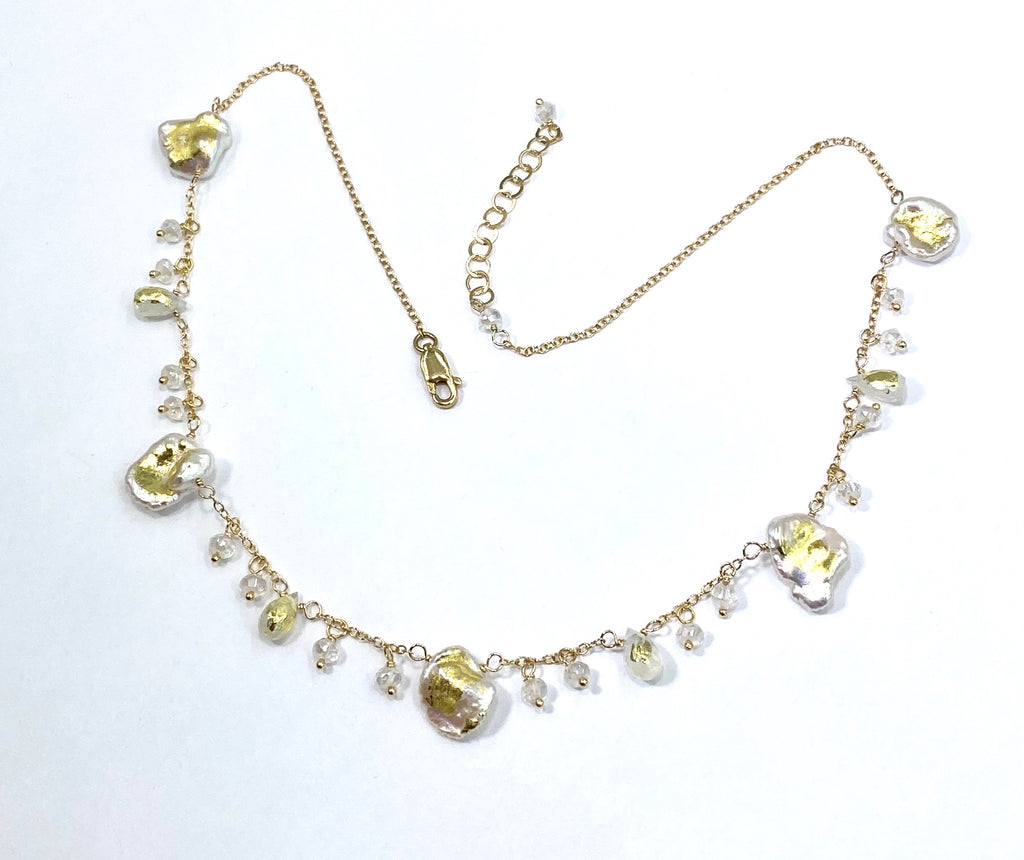 Keishi Pearl 24kt Gold Leaf Boho Dangle Necklace with Rainbow Moonstone - doolittlejewelry