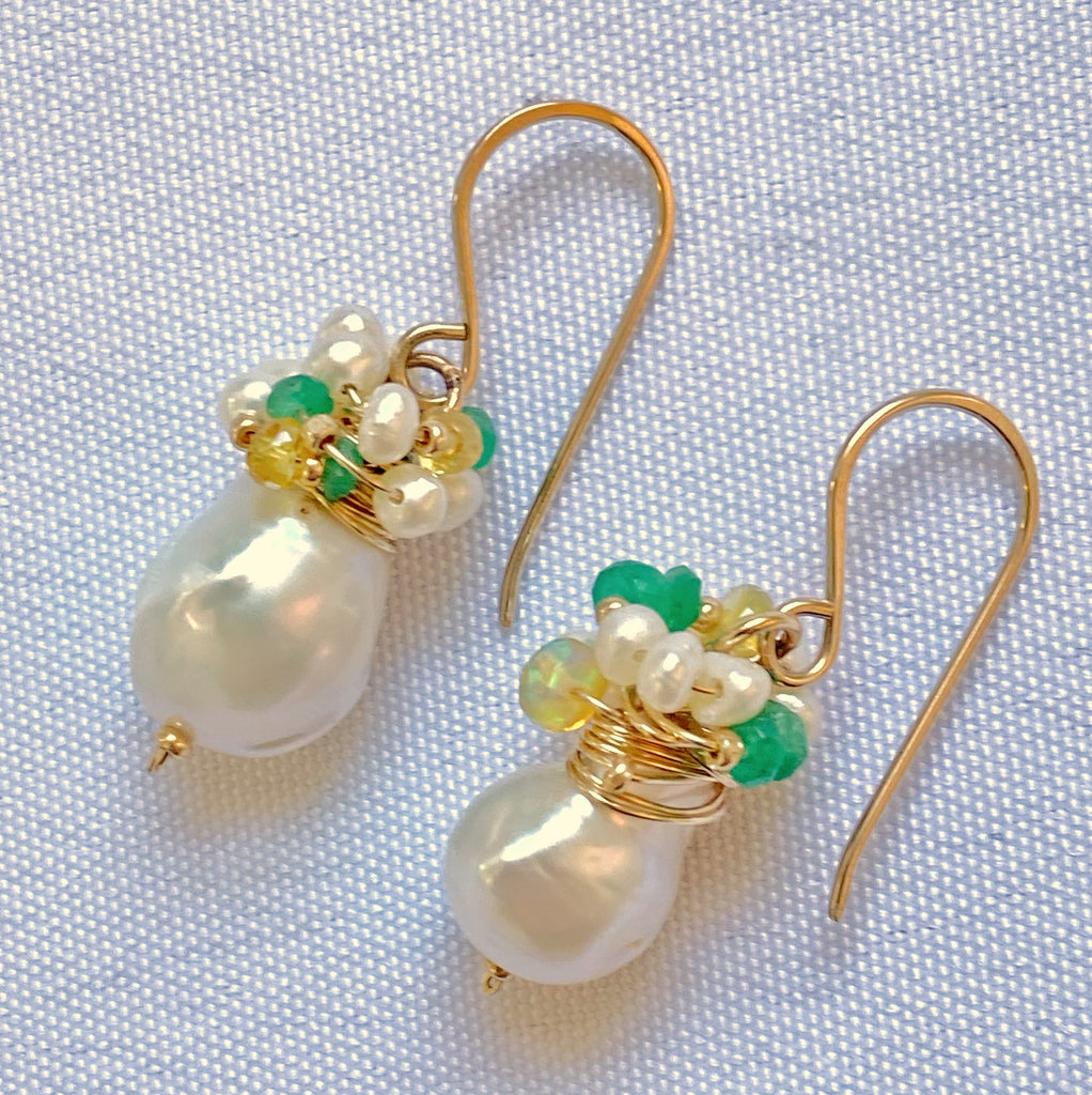 Emerald, Opal and Pearl Cluster Earrings Gold Fill