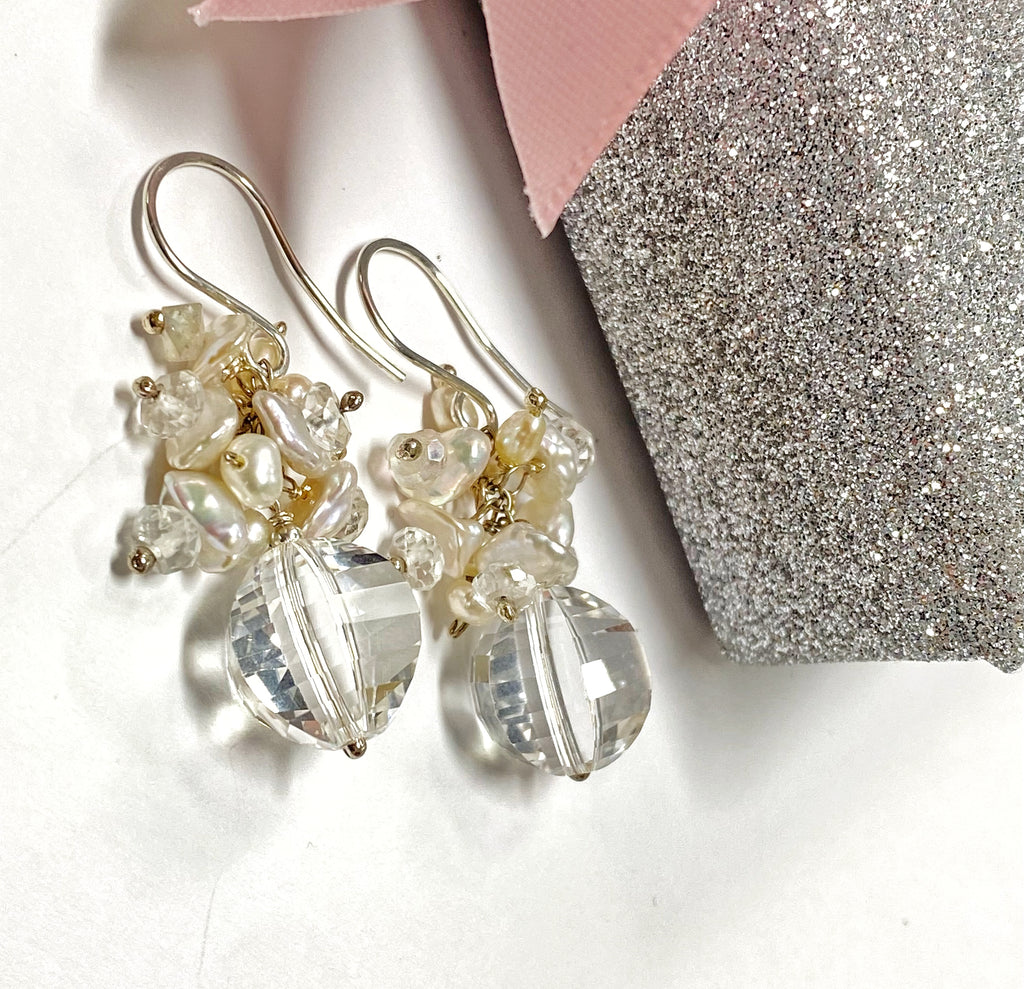 Cut Crystal Quartz, Keishi Pearl Cluster Earrings, Sterling Silver - doolittlejewelry