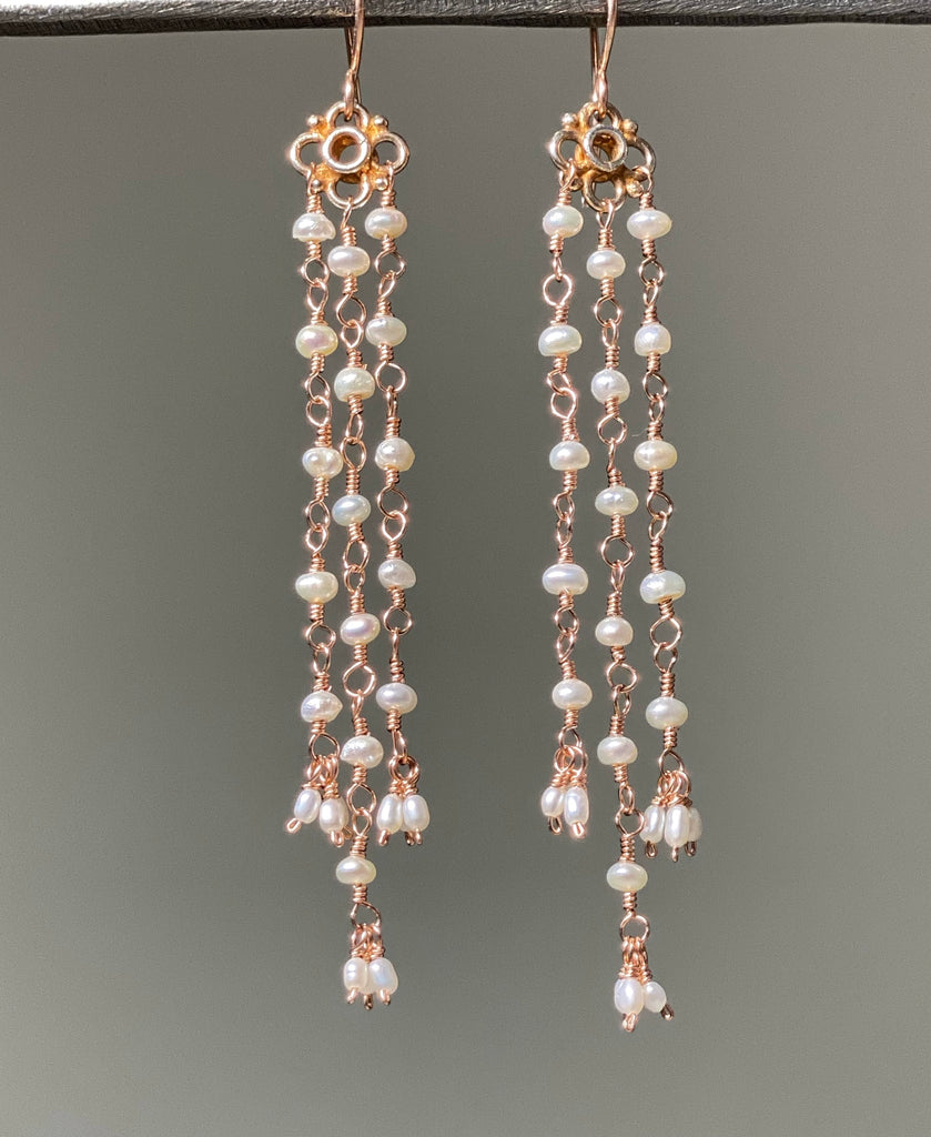 Long Pearl Shoulder Duster Dangle Earrings Rose Gold