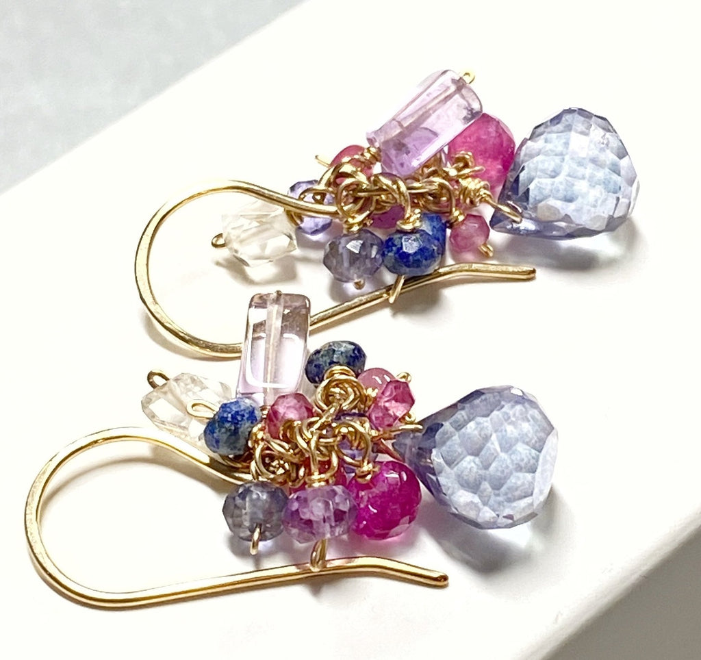 Blue Multicolor Gem Wire Wrap Gold Earrings - doolittlejewelry