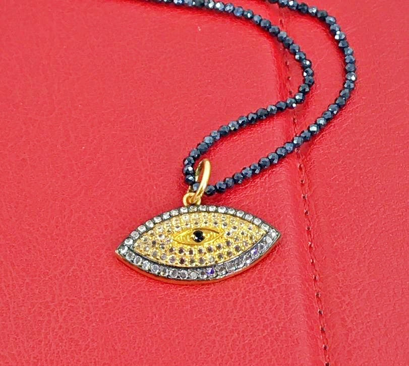 Evil Eye and Pave Diamond Look Long Black Spinel Necklace - doolittlejewelry