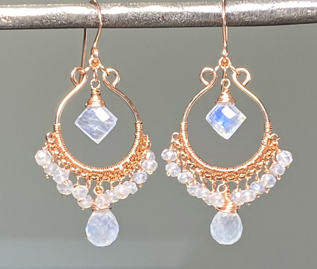 Rainbow Moonstone Rose Gold Hoop Chandelier Earrings