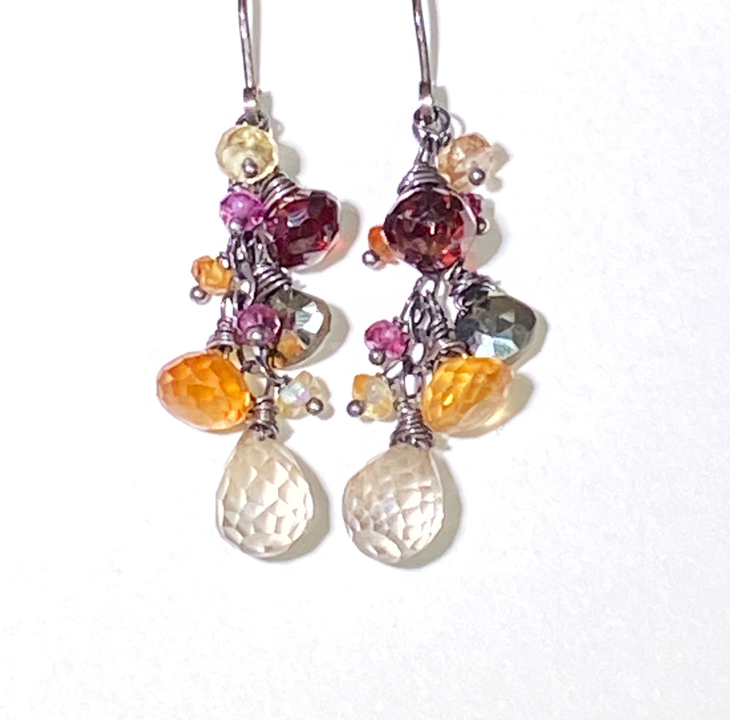 Garnet Oxidized Silver Multicolor Gem Dangle Earrings