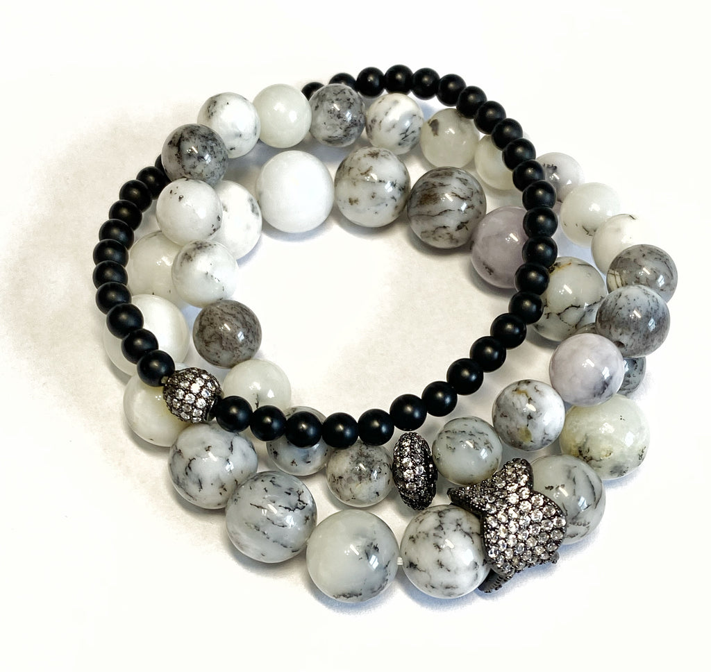 White and Black Stretch Bracelets Set of 2, Dendritic Opal Oxidized Silver Pave