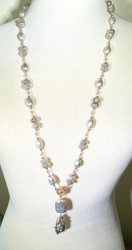 Rose Gold Silver Grey Pearl Moonstone Gemstone Long Necklace Sautoir - doolittlejewelry