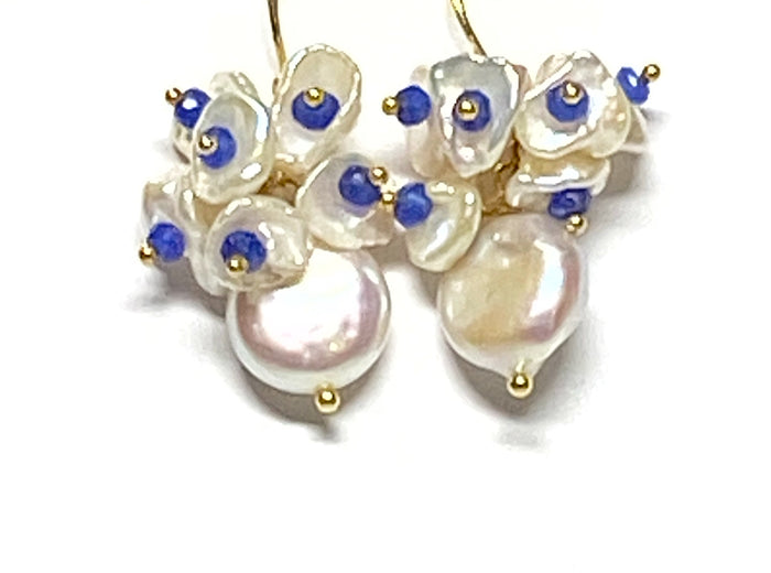 Coin Pearl Blue Lapis Keishi Pearl Cluster Earrings Gold