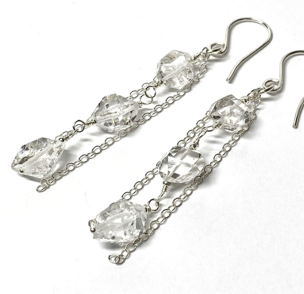 Herkimer Diamond Crystal Long Sterling Silver Dangle Earrings