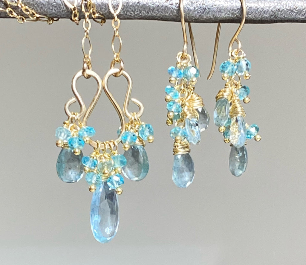 Gold Fill Moss Aquamarine Necklace Earrings Set