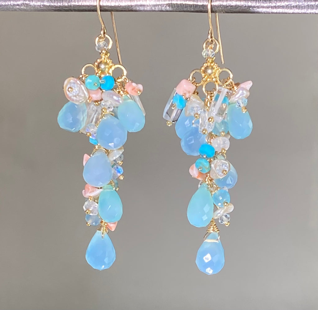 Coral and Aqua Blue Long Gem Dangle Earrings
