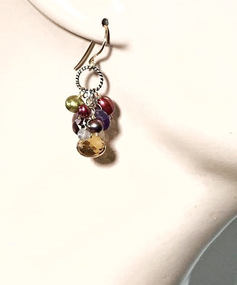 Multicolor Gemstone Dangle Earrings Iolite Garnet Pearl Mixed Metals