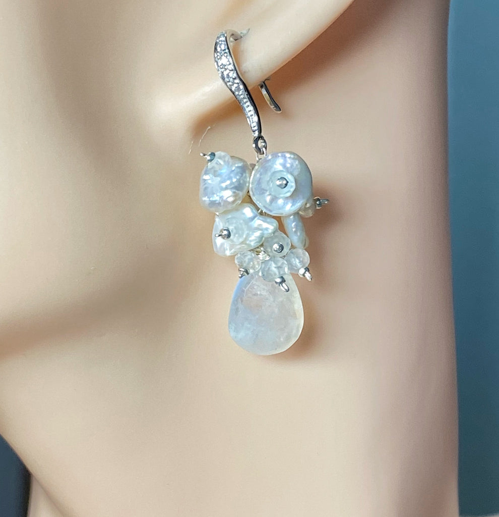 Rainbow Moonstone Keishi Pearl Cluster Bridal Earrings Sterling Silver