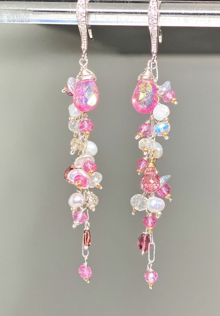 long pink gemstone dangle earrings with pearls