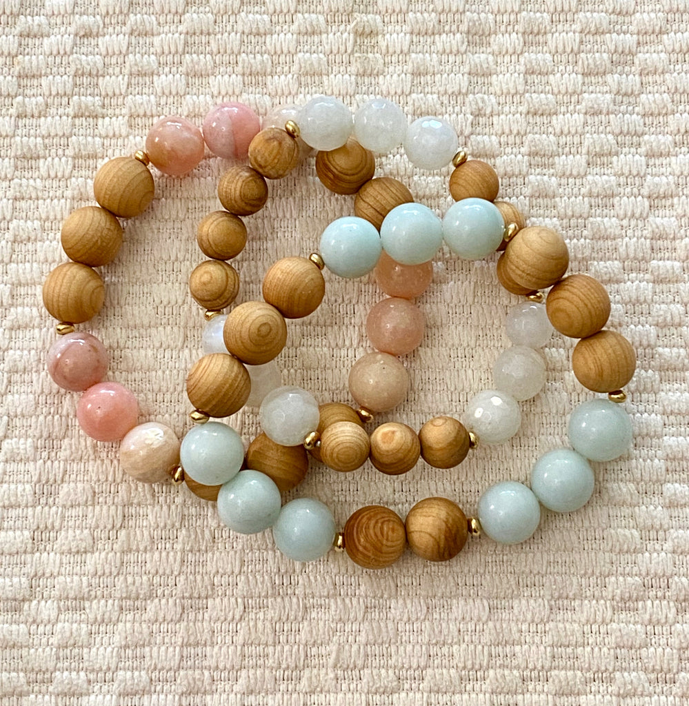 Pastel Gemstone Sandalwood Stretch Stacking Bracelet Set