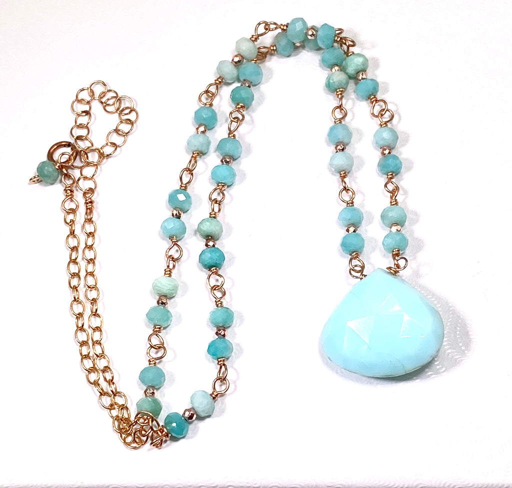 Blue Peruvian Opal, Amazonite, Rose Gold Wire Wrapped Pendant Necklace - doolittlejewelry