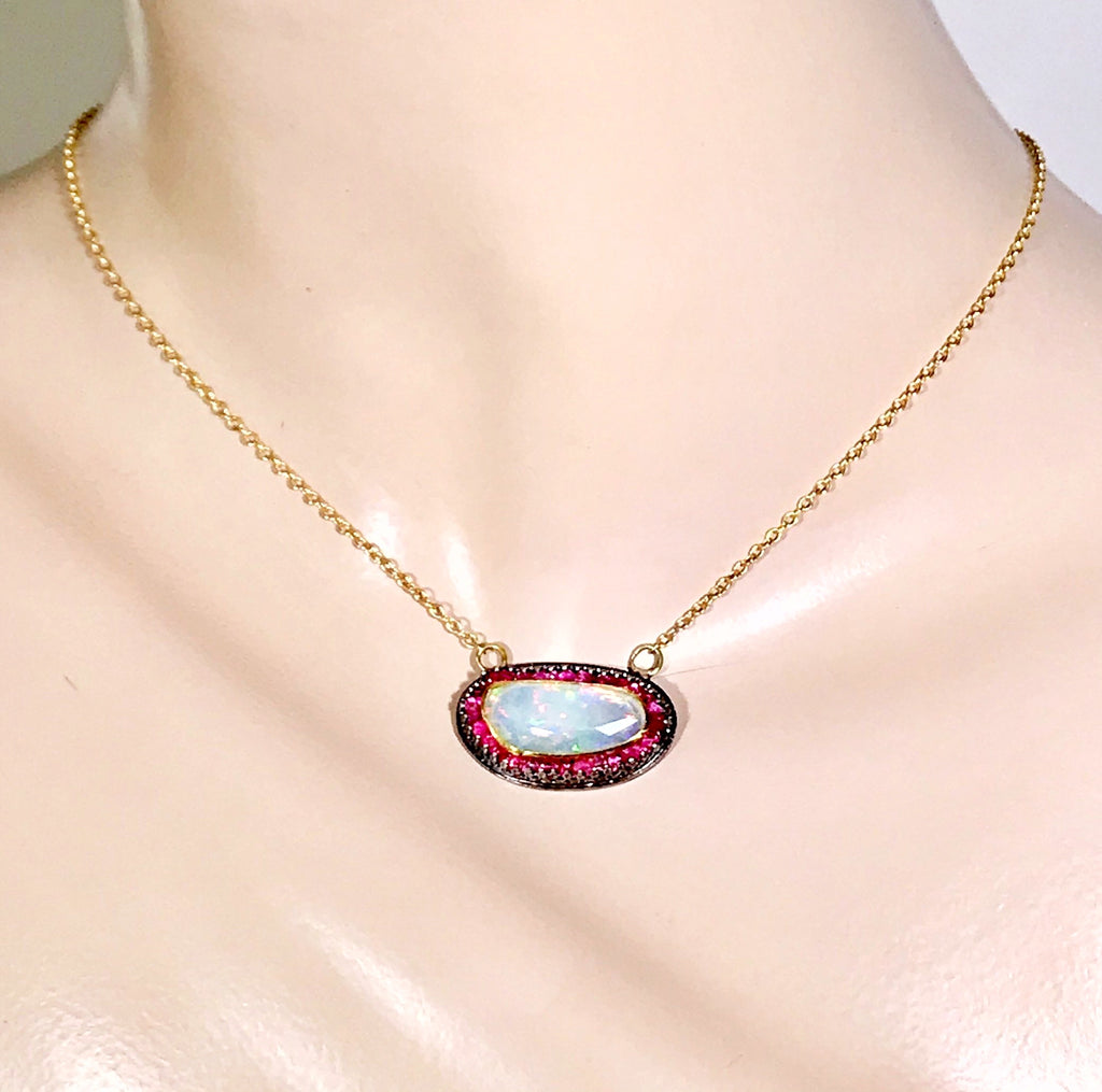 Opal and Pink Spinel Pendant with 22 kt Gold and Oxidized Sterling Silver