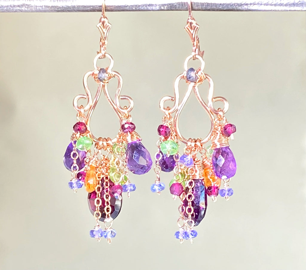 Rose Gold Chandelier Earrings Rhodolite Garnet Amethyst Lever Back