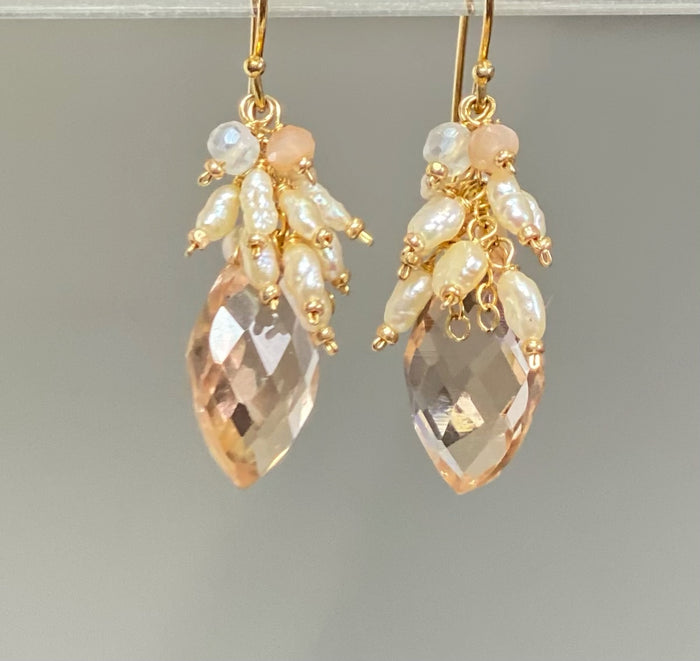 Peach Quartz, Pearl Cluster Wedding Earrings