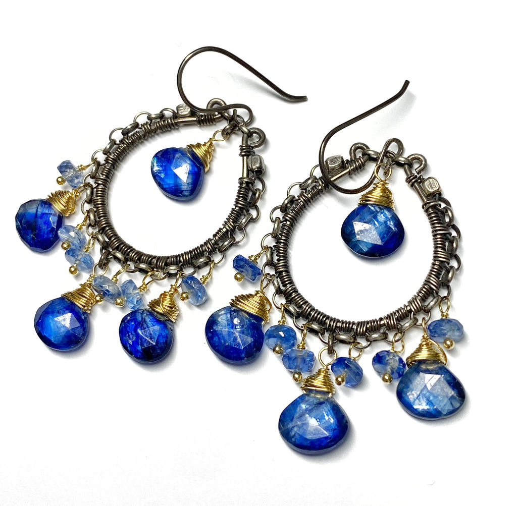 Blue Kyanite Gemstone Mixed Metal Hoop Earrings Gold Fill Oxidized Sterling Silver