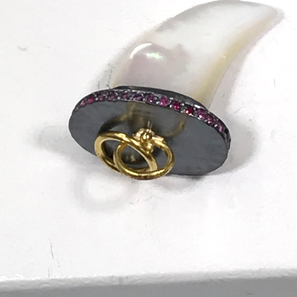 Mother of Pearl Horn Charm Pave Pink Sapphire 22k Gold Oxidized Silver - doolittlejewelry