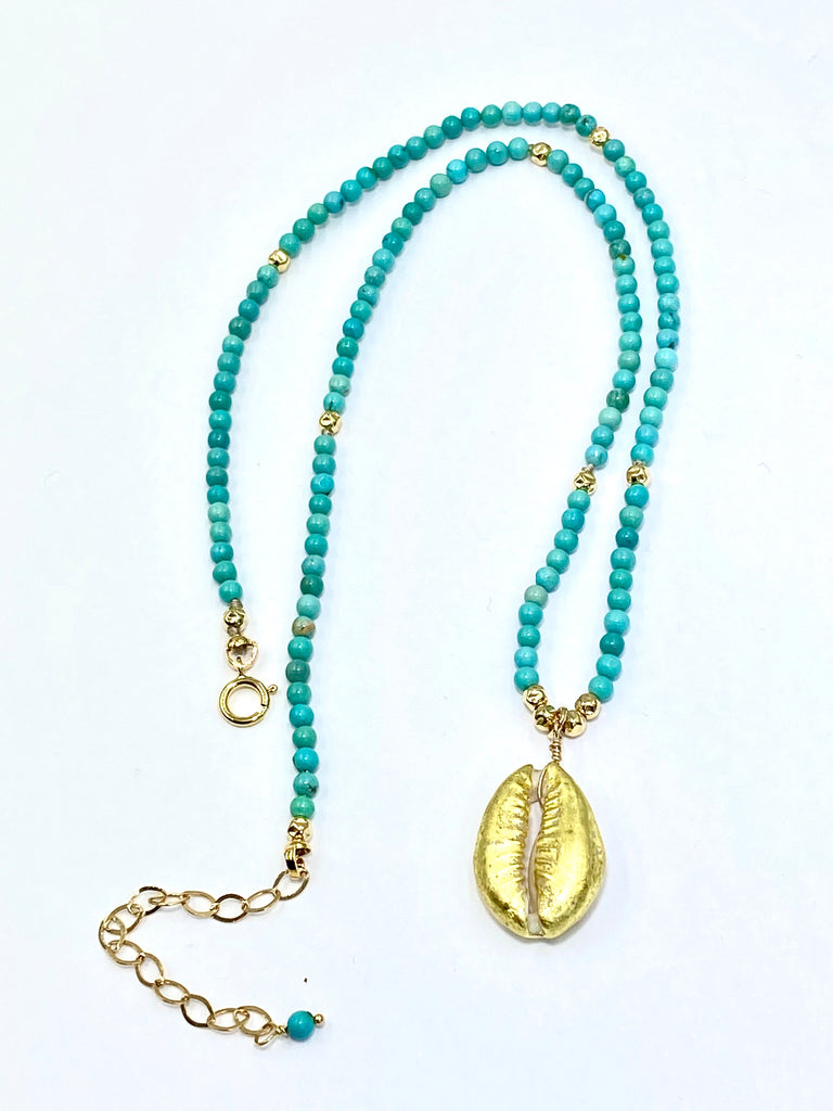 Dainty Turquoise Layering Necklace with Cowry Shell 24 kt Gold - doolittlejewelry