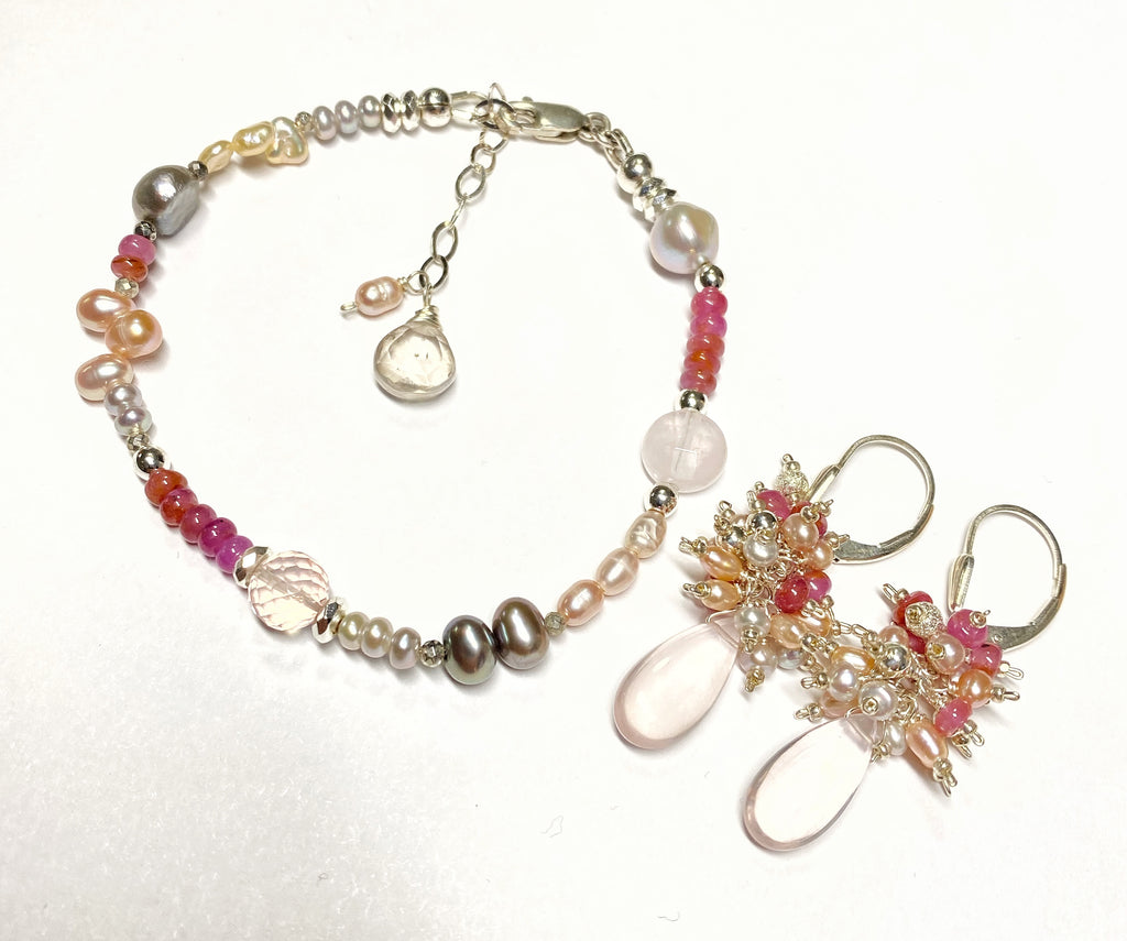 Pink Sapphire Rose Quartz Dainty Thin Layering Bracelet Sterling Silver
