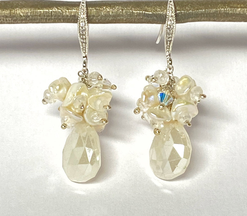 ivory mystic chalcedony keishi pearl cluster bridal earrings