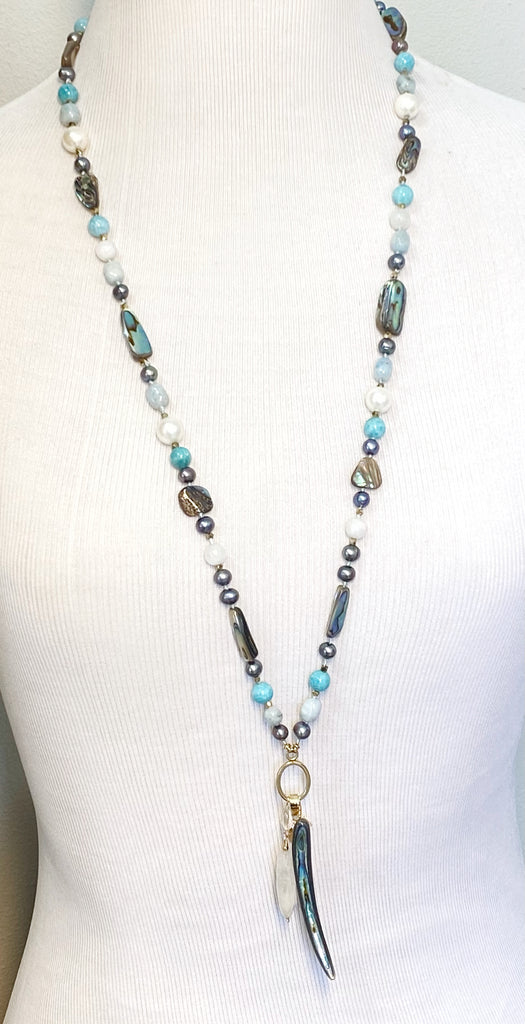 Abalone Long Necklace with Aquamarine, Moonstone, Pearl