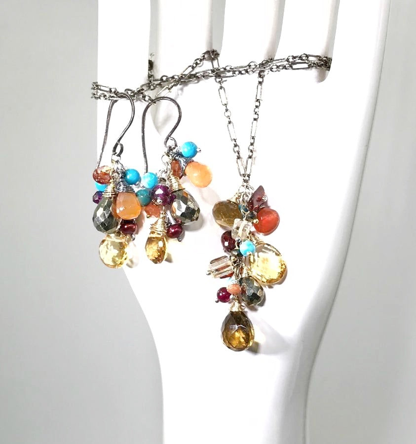 Citrine Garnet Turquoise Mixed Metals Necklace Set - doolittlejewelry