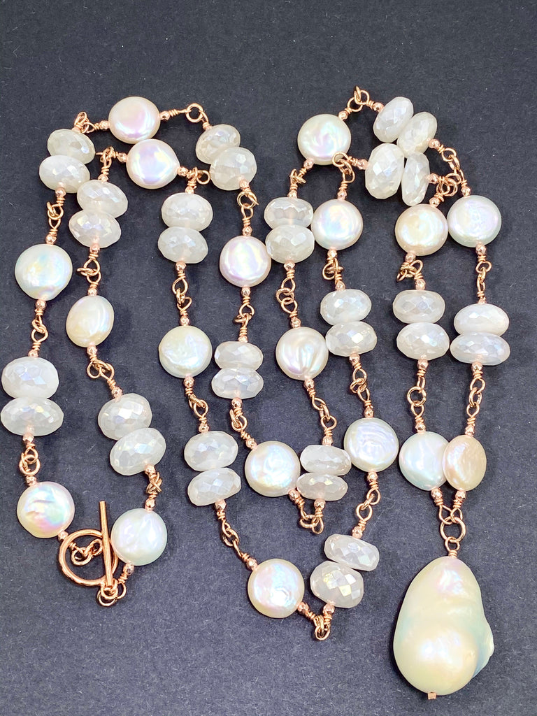 Rose Gold Ivory Baroque Pearl Mystic Moonstone Long Sautoir Rosary Necklace - doolittlejewelry