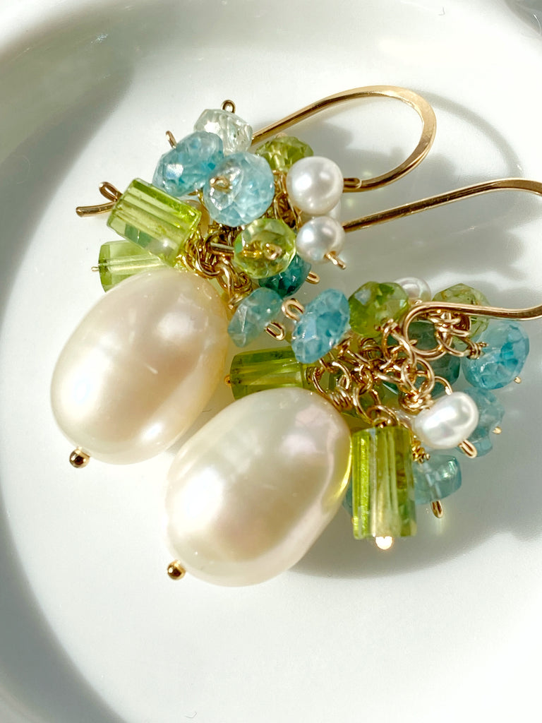 Pearl earrings with peridot and natural blue zircon gemstone clusters on 14 kt gold fill
