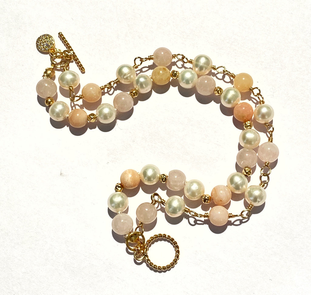 Pearl, Pink Opal, Rose Quartz Double Strand Bracelet Gold Fill